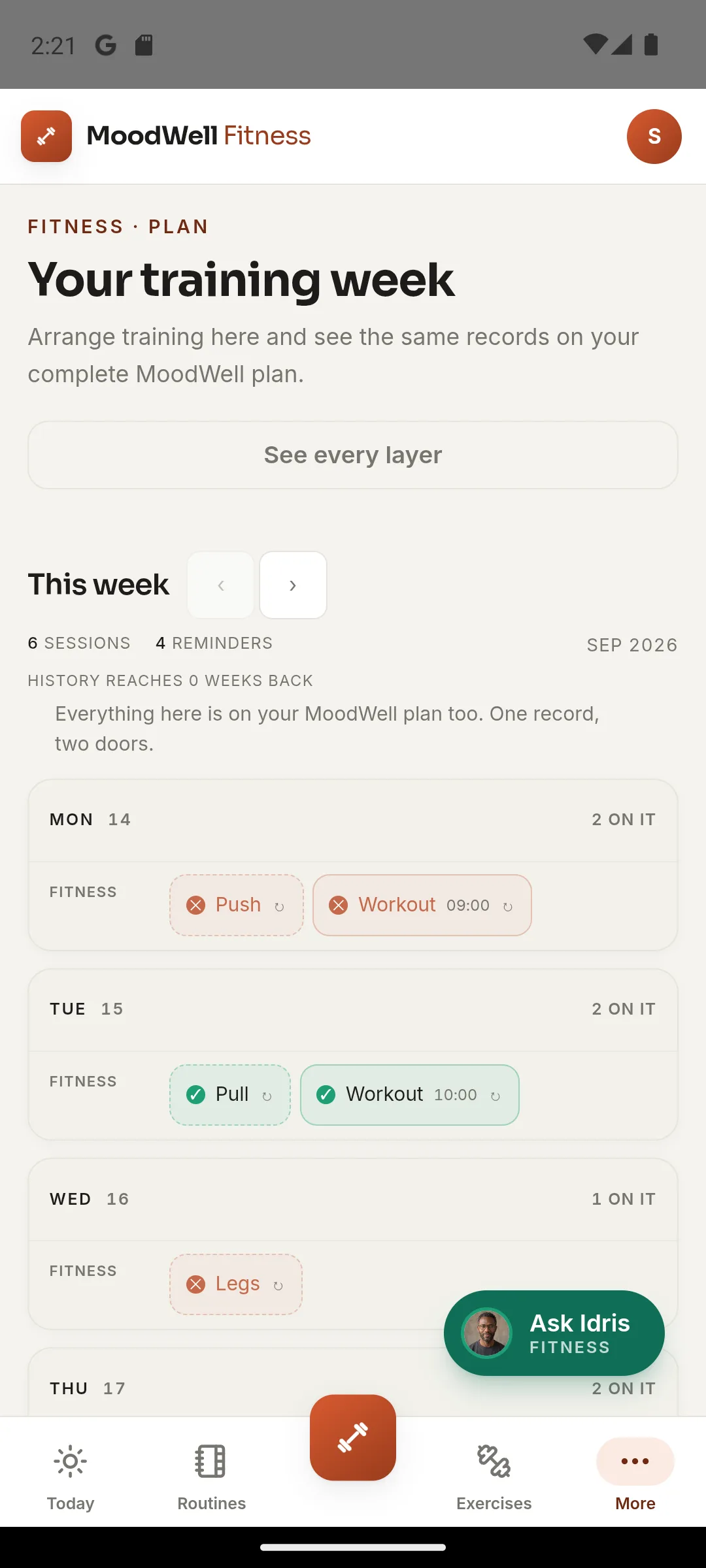 Moodwell weekly training plan with push, pull, and leg sessions scheduled across the week