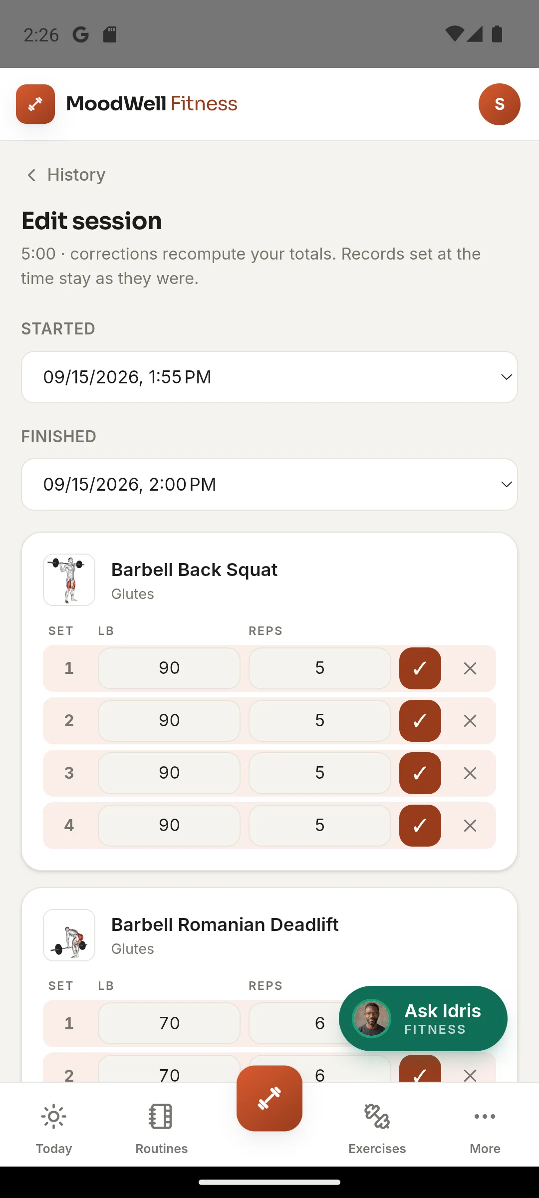 Moodwell Fitness edit-session screen with barbell back squat sets logged by weight and reps