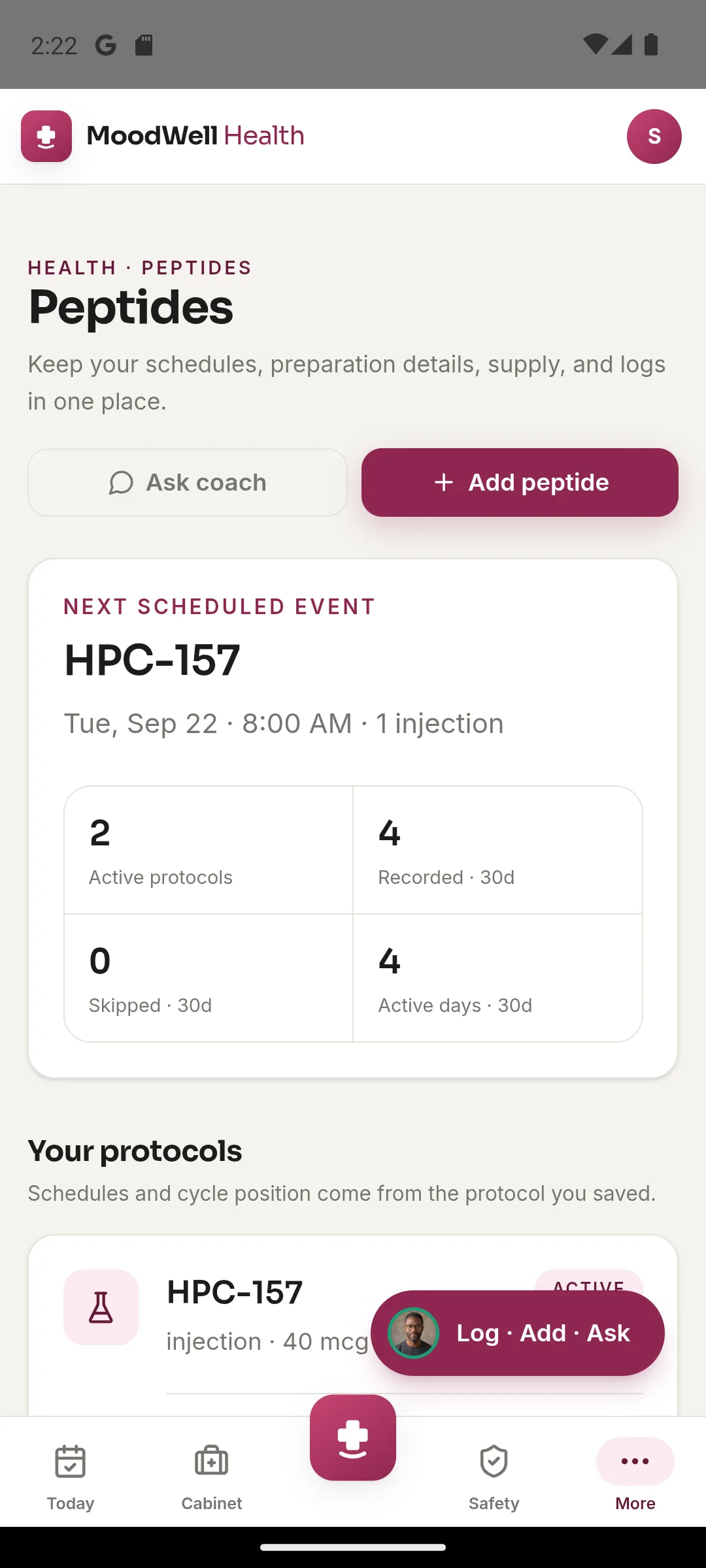 Moodwell Peptides screen with the next scheduled event and protocol counts