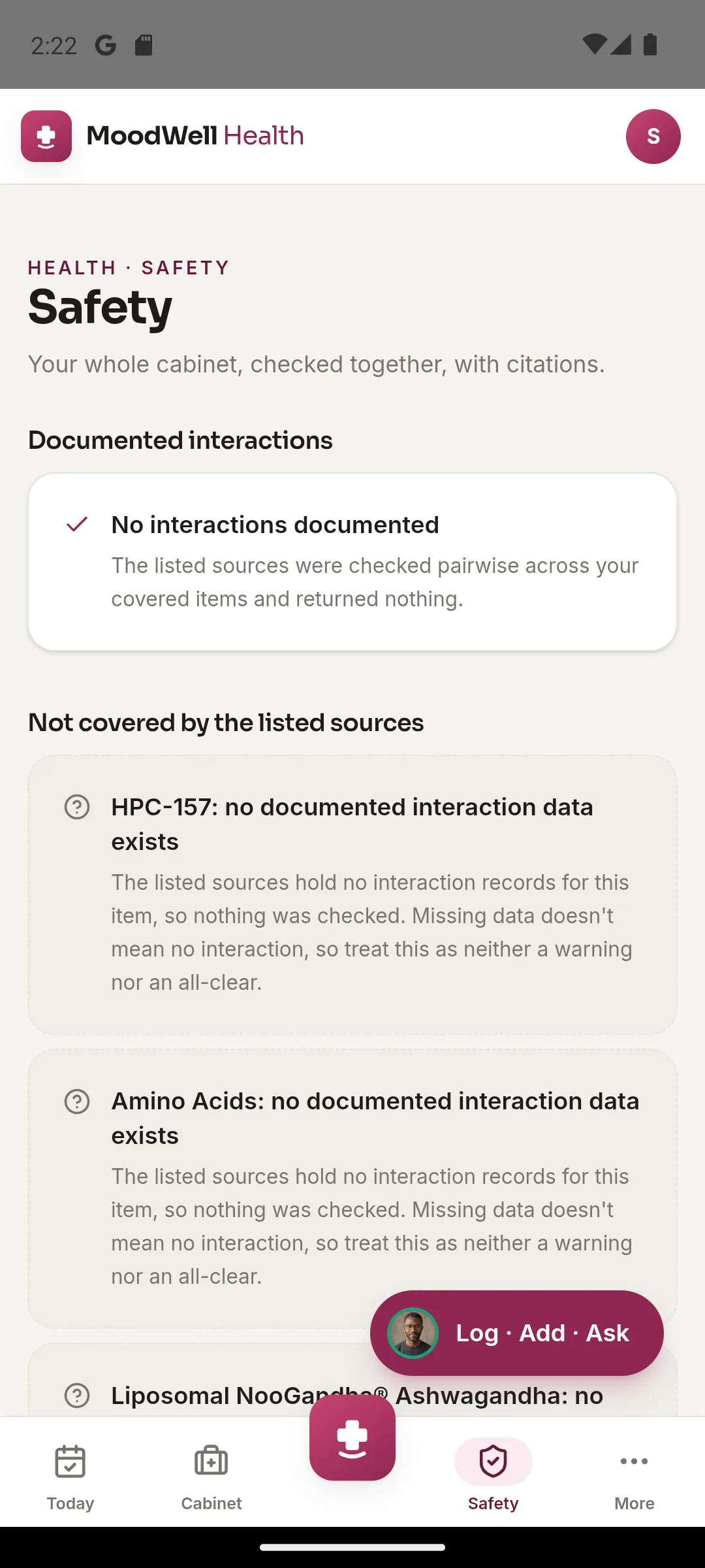 Moodwell Safety screen showing no documented interactions and a list of items the sources don't cover