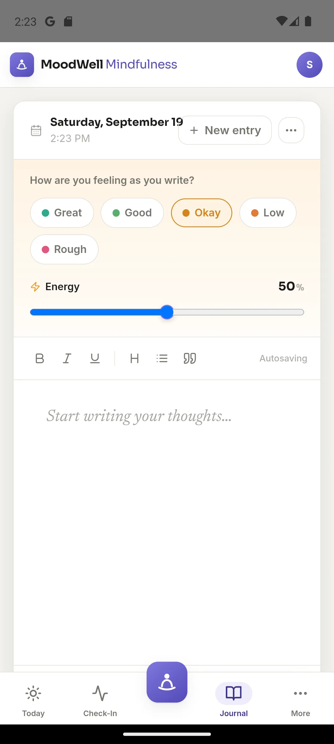 Moodwell journal entry with mood chips and an energy slider