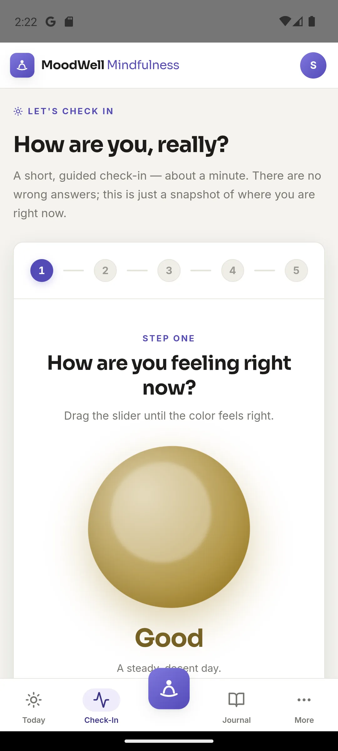 Moodwell guided check-in asking how are you feeling right now, with a color slider