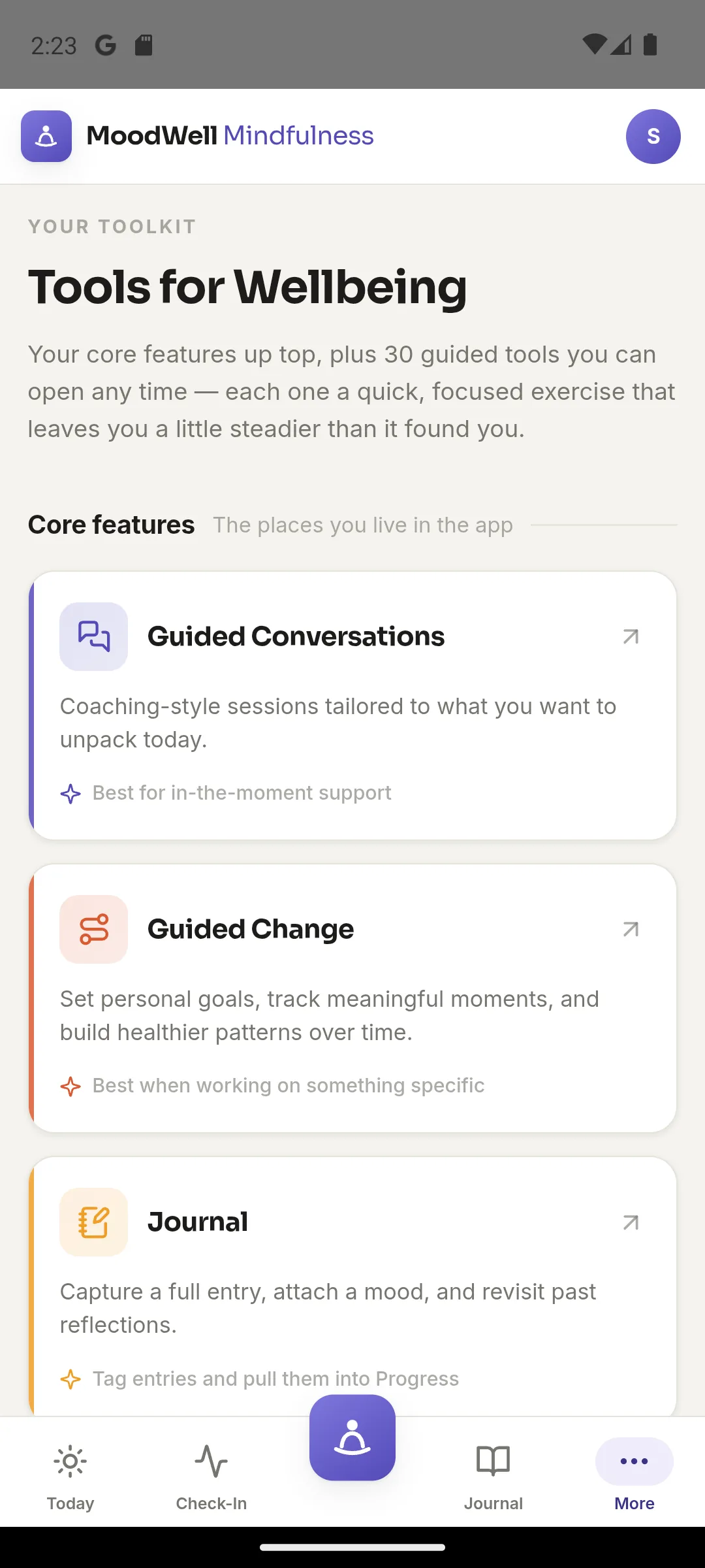 Moodwell Tools for Wellbeing screen listing Guided Conversations, Guided Change, and Journal