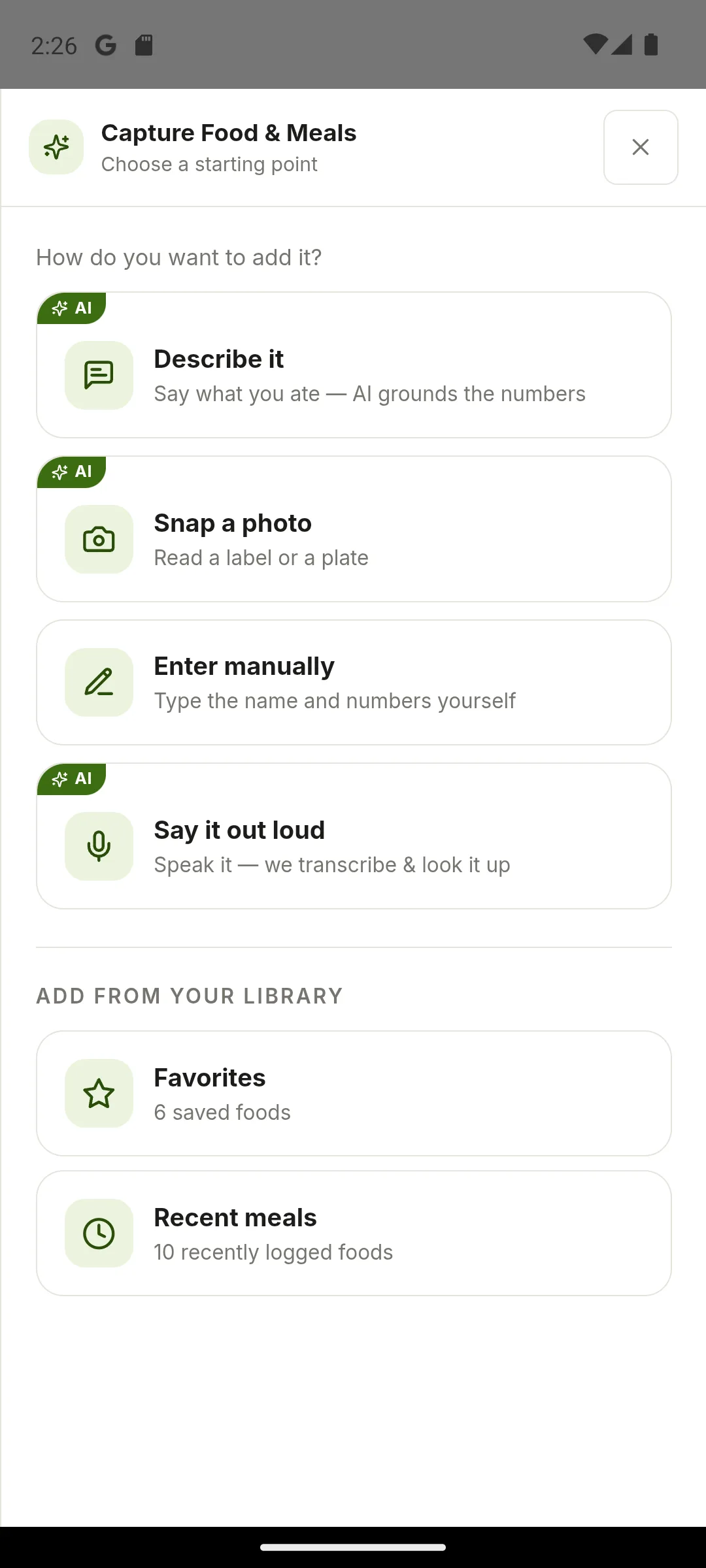 Moodwell Capture Food and Meals sheet with describe, photo, manual, and voice options, three marked AI