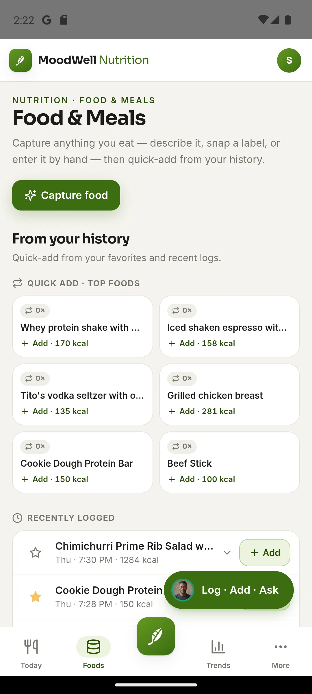 Moodwell Food and Meals screen with quick-add favorites and recently logged meals