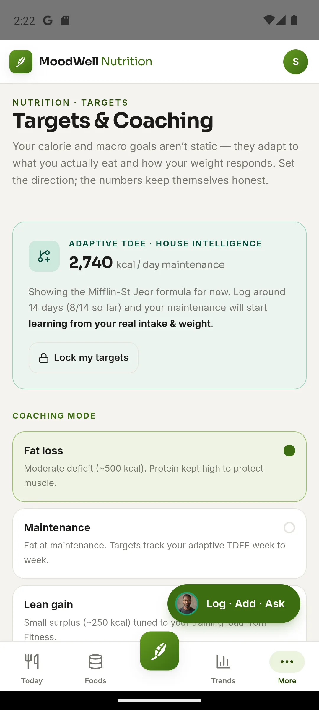 Moodwell Nutrition Targets and Coaching screen with an adaptive maintenance estimate