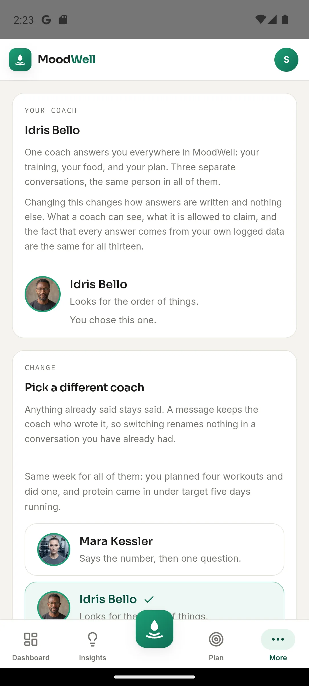 Moodwell coach settings explaining that one coach answers everywhere, with a list of coaches to choose from